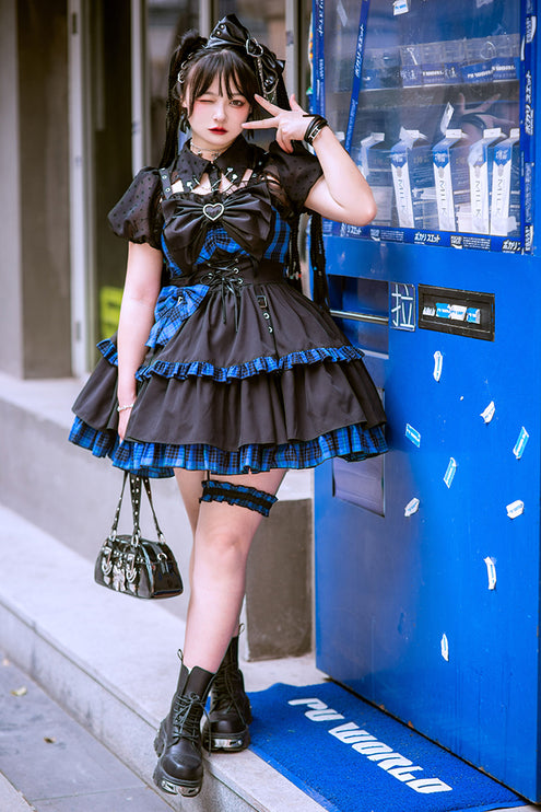 Gothic Blue Plaid Lolita JSK with Heart-Shape Neckline and Ruffled Trims