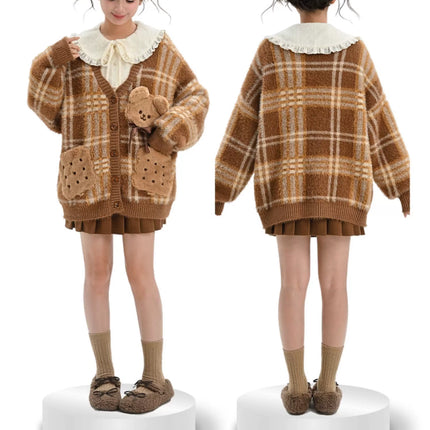 Romantic Ruffled Peter Pan Blouse, Sweet Bear Patch & Cookie Pocket Cozy Plaid Cardigan