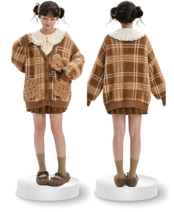 Romantic Ruffled Peter Pan Blouse, Sweet Bear Patch & Cookie Pocket Cozy Plaid Cardigan