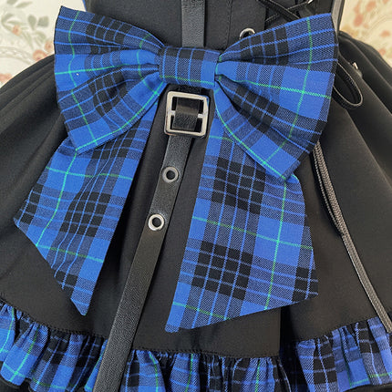 Gothic Blue Plaid Lolita JSK with Heart-Shape Neckline and Ruffled Trims
