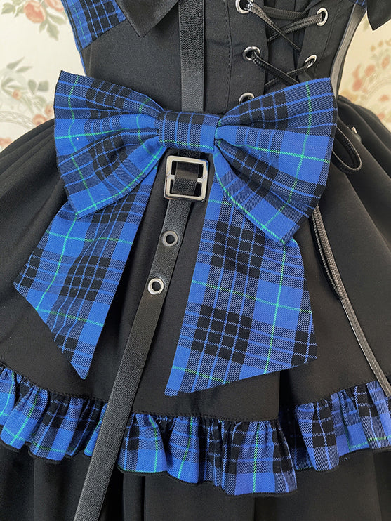 Gothic Blue Plaid Lolita JSK with Heart-Shape Neckline and Ruffled Trims