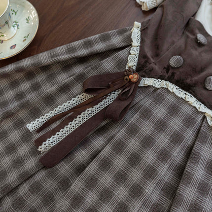 Vintage - style Plaid Suspender Skirt with Lace Trims and Button - up Bodice