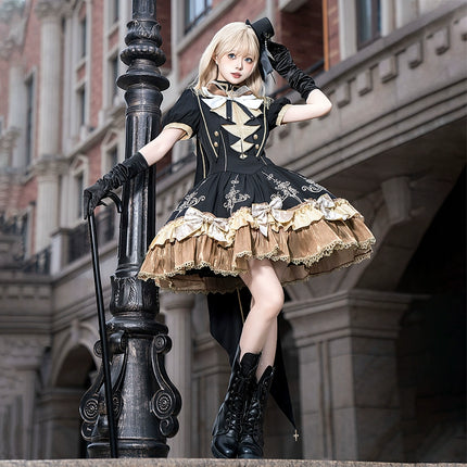 Steampunk - inspired Lolita Dress with Georgette Skirt, Elegant Bow - ties and Intricate Embroidery