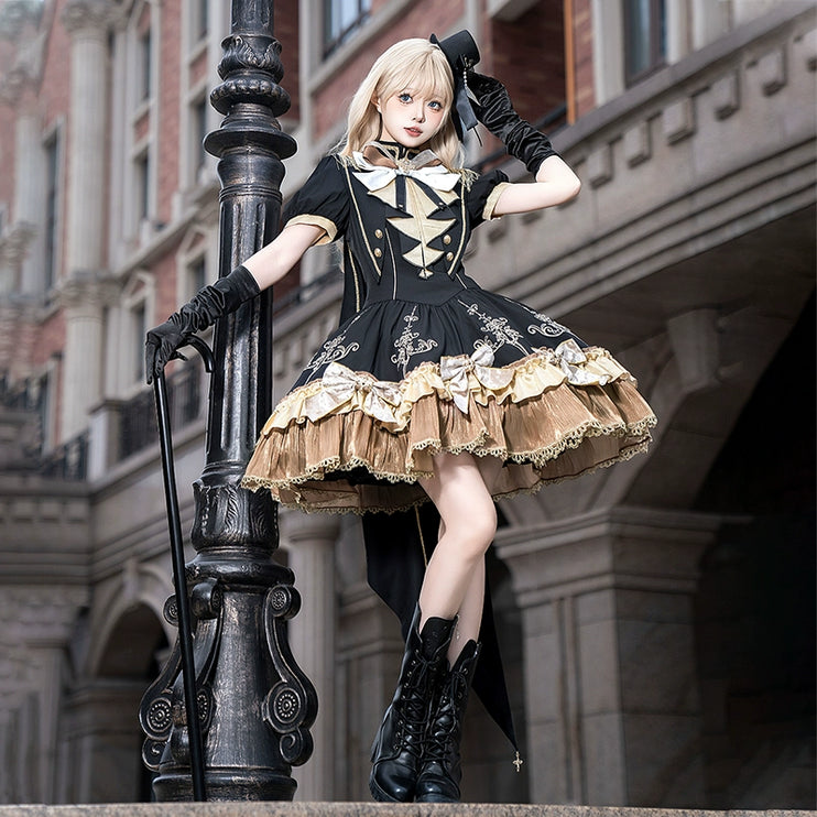 Steampunk - inspired Lolita Dress with Georgette Skirt, Elegant Bow - ties and Intricate Embroidery