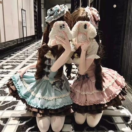Whimsical Lolita Dress with Ruffled Skirt and Delicate Lace Trims