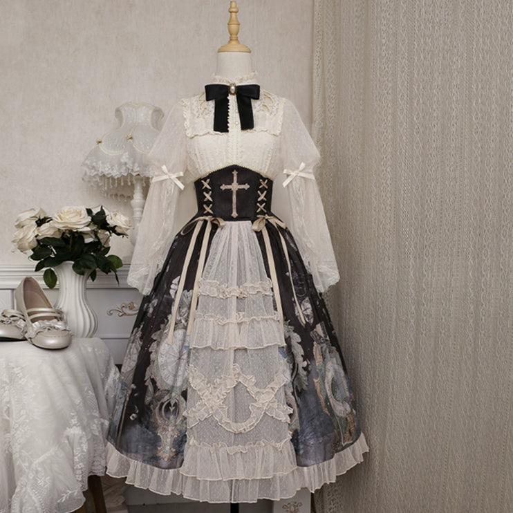 Victorian Gothic Lolita 4-Piece Set, Skirt with Baroque Print and Cross Lace