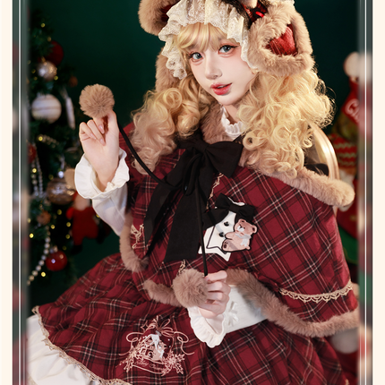 Chestnut Bear Cocoa Lolita Christmas Plaid Cloak JSK — Winter Vibe