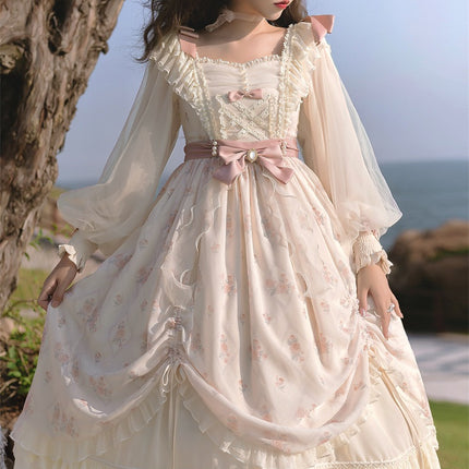 Elegant Cream Lolita Dress with Floral Embroidery and Ruffled Skirt