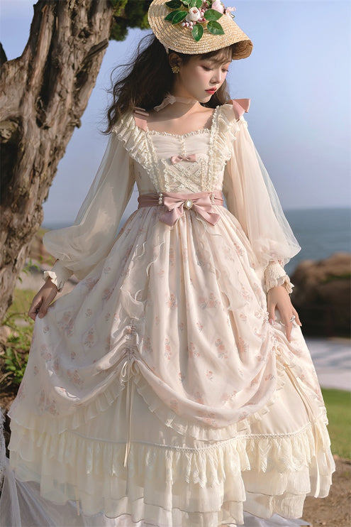 Elegant Cream Lolita Dress with Floral Embroidery and Ruffled Skirt