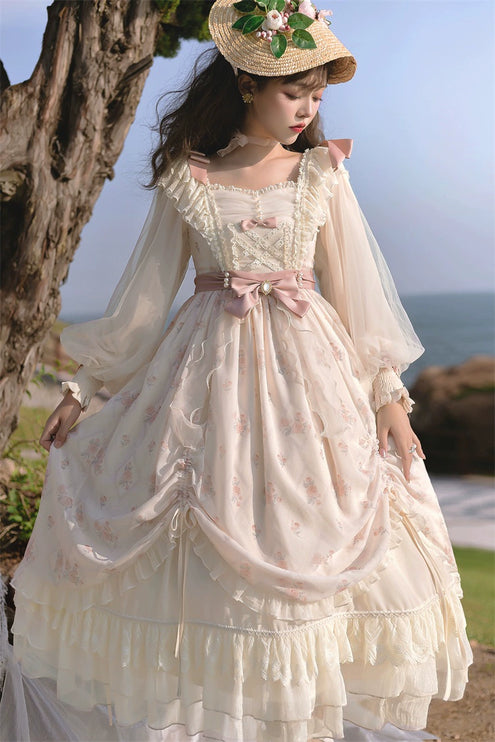 Elegant Cream Lolita Dress with Floral Embroidery and Ruffled Skirt - Perfect for Tea Parties and Special Occasions
