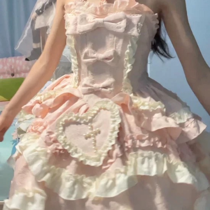 Gothic Heart of Pearls Lolita Dress - Pastel Princess JSK with Layered Ruffles and Cross Embellishments