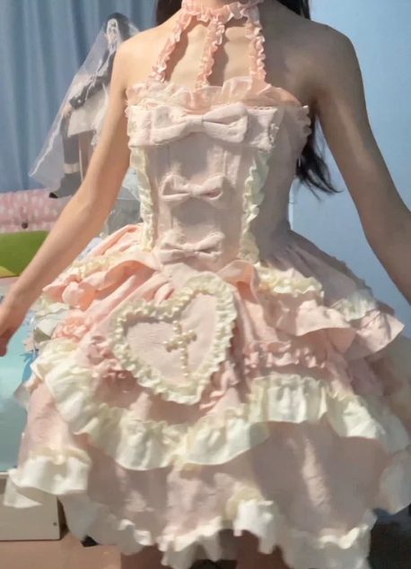 Gothic Heart of Pearls Lolita Dress - Pastel Princess JSK with Layered Ruffles and Cross Embellishments