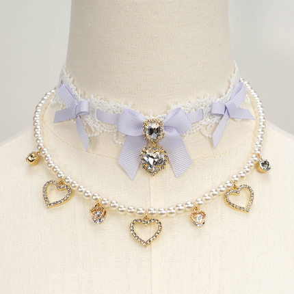 Edgy Punk Style Elaborate Double-Layer Necklace with Pearls and Gemstone Choker Lolita Collarbone Chain