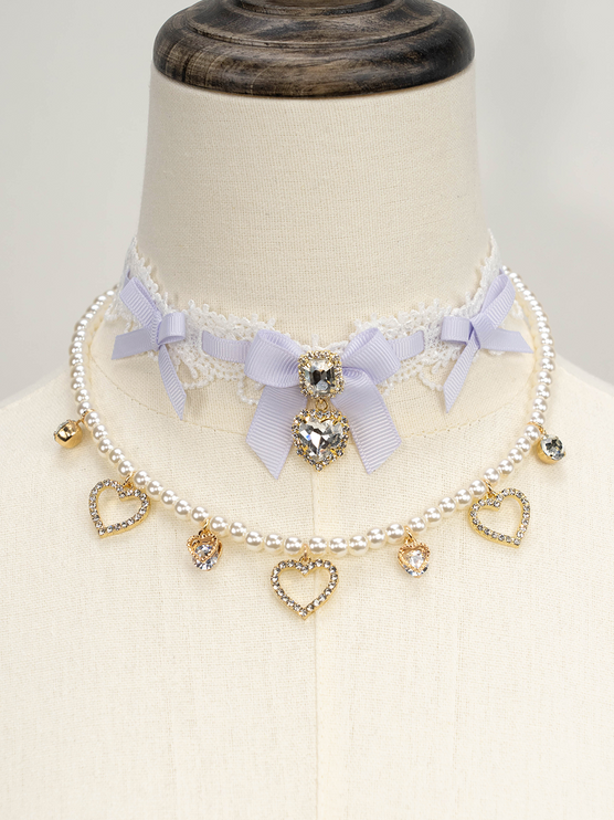 Edgy Punk Style Elaborate Double-Layer Necklace with Pearls and Gemstone Choker Lolita Collarbone Chain