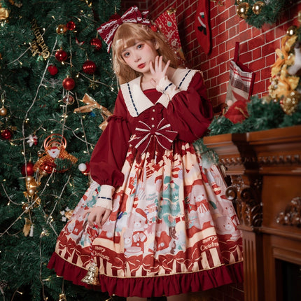 Christmas Teddy Lolita OP: Sweet High-Waist Princess Dress