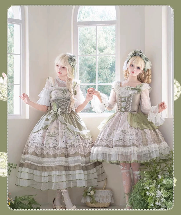 Sweet Lolita Dress - Light Green Layered Tulle Skirt with Lace & Embroidery