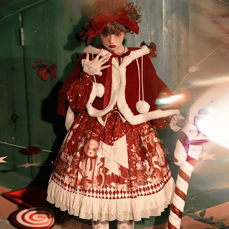 Original Christmas Lolita Dress with Thickened Winter Sweet Skirt and Cape Set for New Year