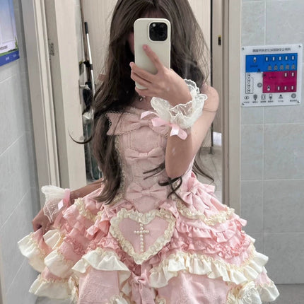 Gothic Heart of Pearls Lolita Dress - Pastel Princess JSK with Layered Ruffles and Cross Embellishments