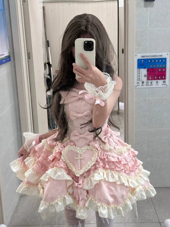 Gothic Heart of Pearls Lolita Dress - Pastel Princess JSK with Layered Ruffles and Cross Embellishments