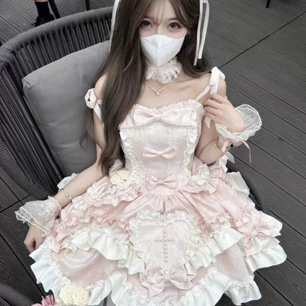Gothic Heart of Pearls Lolita Dress - Pastel Princess JSK with Layered Ruffles and Cross Embellishments