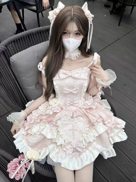 Gothic Heart of Pearls Lolita Dress - Pastel Princess JSK with Layered Ruffles and Cross Embellishments