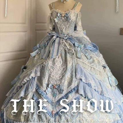 Dreamy Light - Blue Lolita Grand Ball Gown with Intricate Lace and Elegant Bow Decorations