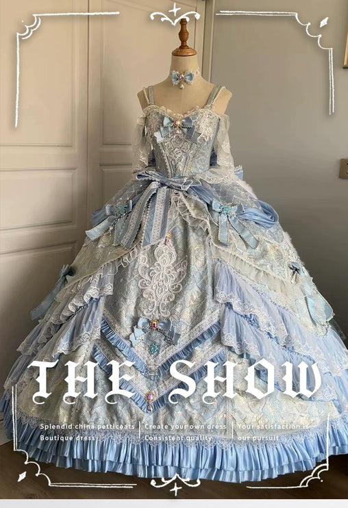 Dreamy Light - Blue Lolita Grand Ball Gown with Intricate Lace and Elegant Bow Decorations