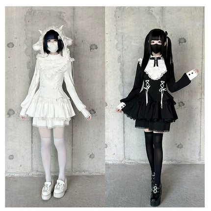 Gothic Lolita Dress with White Lace Collar, Long Sleeves and Lace - up Details