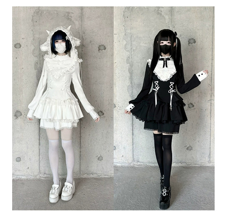 Gothic Lolita Dress with White Lace Collar, Long Sleeves and Lace - up Details