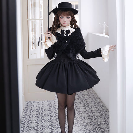 Black & Cream Whimsical Lolita Dress – Adjustable Bows & Multi-Tiered Lace Skirt