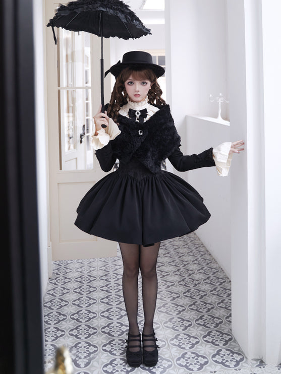 Black & Cream Whimsical Lolita Dress – Adjustable Bows & Multi-Tiered Lace Skirt
