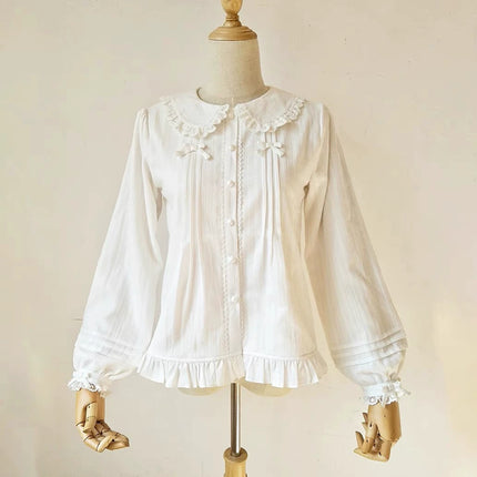 Vintage - style White or Cream Blouse with Peter Pan Collar, Bows and Ruffles