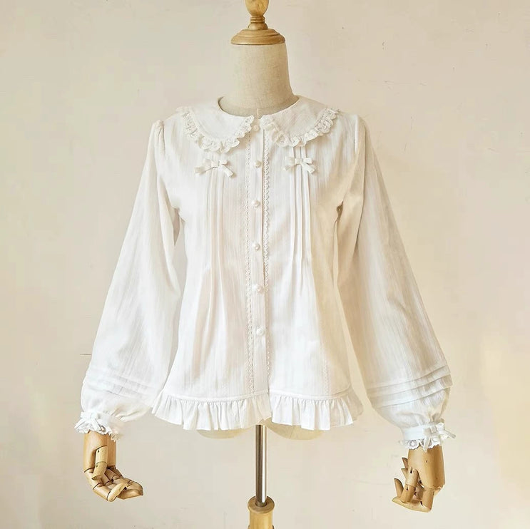 Vintage - style White or Cream Blouse with Peter Pan Collar, Bows and Ruffles