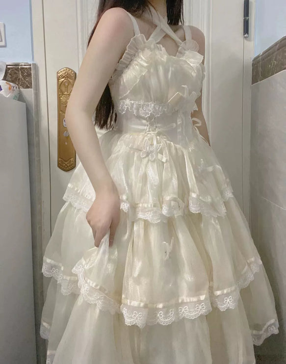 Elegant White Lolita Dress with Ruffled Skirt and Sheer Stockings