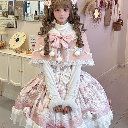 Lolita Capelette Dress Set with Bow - detail and Lace Trim, Pastel Pink and White Color Scheme