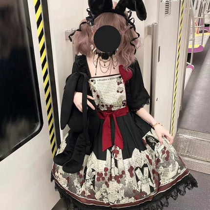 Dark Wonderland Asylum Lolita Dress - Gothic OP with Velvet Ribbon and Eerie Storybook Print