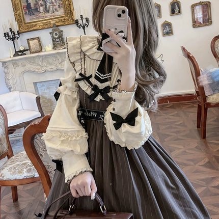 Aristocratic Elegance Lolita Dress - Pinstripe OP with Ribbon Belt and Lace Accents