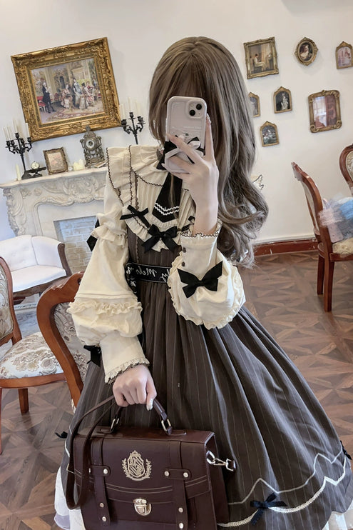 Aristocratic Elegance Lolita Dress - Pinstripe OP with Ribbon Belt and Lace Accents