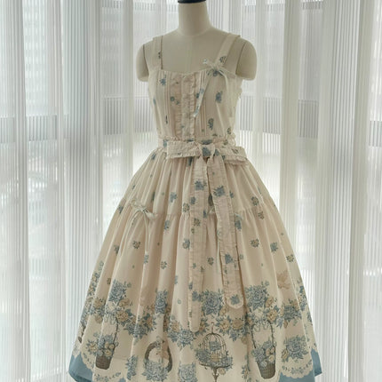 Bluebird Garden Lolita JSK – Elegant Floral Print Cla Series Dress with Waist Tie and Scalloped Hem