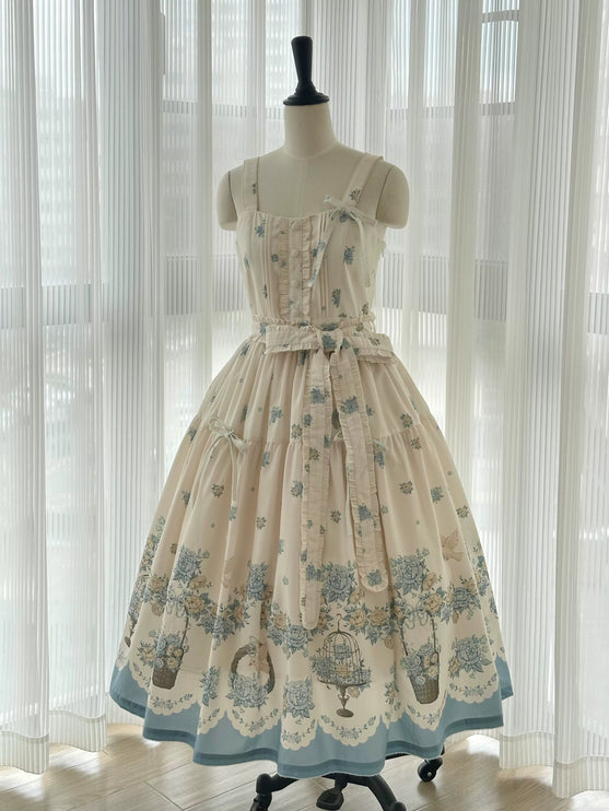 Bluebird Garden Lolita JSK – Elegant Floral Print Cla Series Dress with Waist Tie and Scalloped Hem