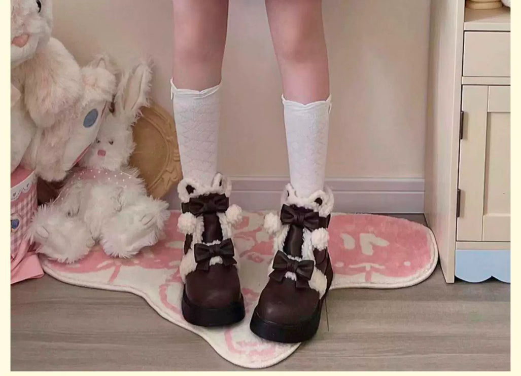 Fluffy - trimmed Ankle Boots with Adorable Bows, Ultra - cozy & Stylish