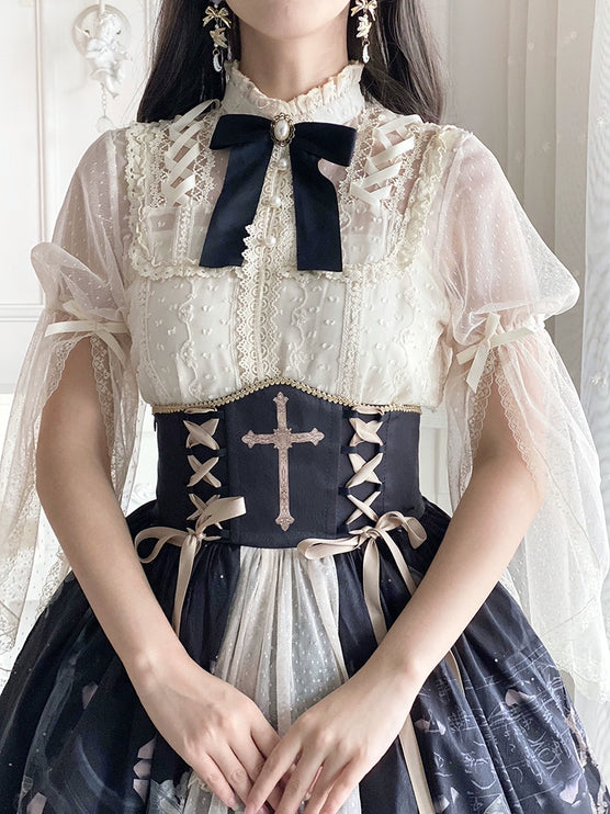 Victorian Gothic Lolita 4-Piece Set, Skirt with Baroque Print and Cross Lace