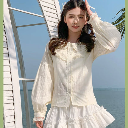 Lace - adorned Long - sleeved Blouse with Fluffy Cuffs, Exuding Delicate Femininity