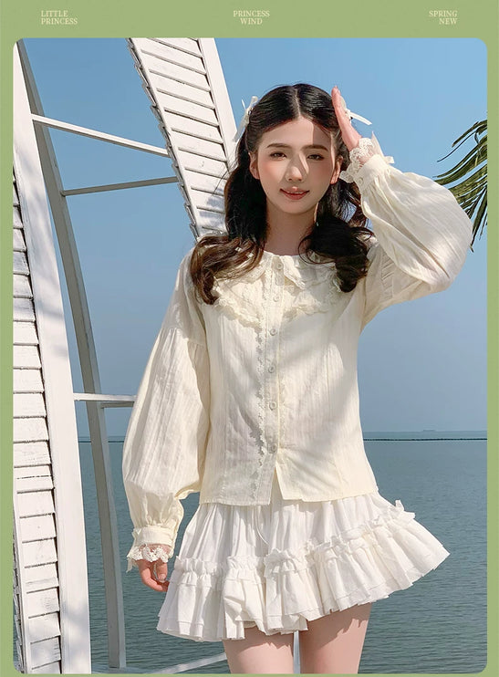 Lace - adorned Long - sleeved Blouse with Fluffy Cuffs, Exuding Delicate Femininity