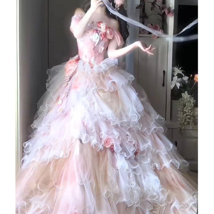 Elegant Formal Dress for Graduation, Coming-of-Age Ceremony, or Princess Wedding with Sweet Floral Bridal Style