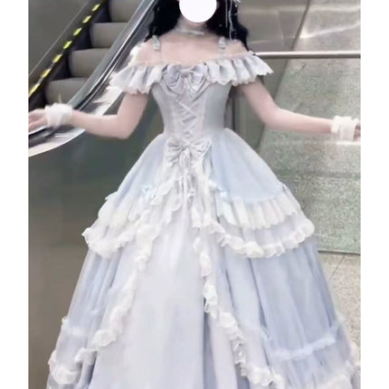 Elegant Light - Blue Off - the - Shoulder Lolita Dress: Ruffled and Bow - adorned