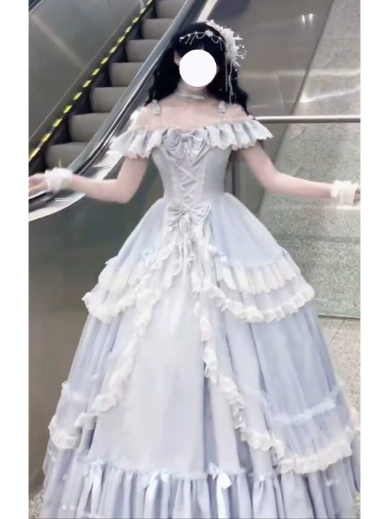 Elegant Light - Blue Off - the - Shoulder Lolita Dress: Ruffled and Bow - adorned