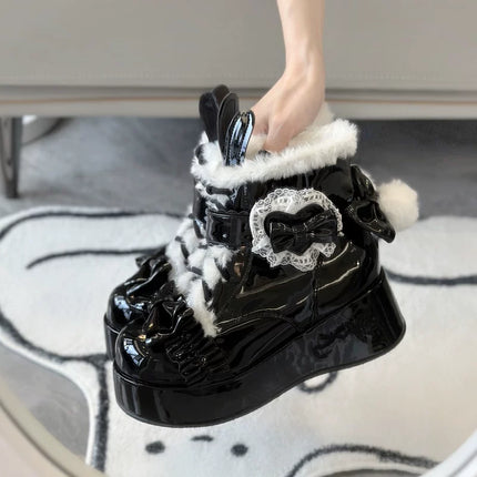 Furry - trimmed Lolita Boots with Bow - buckle and Thick Platform