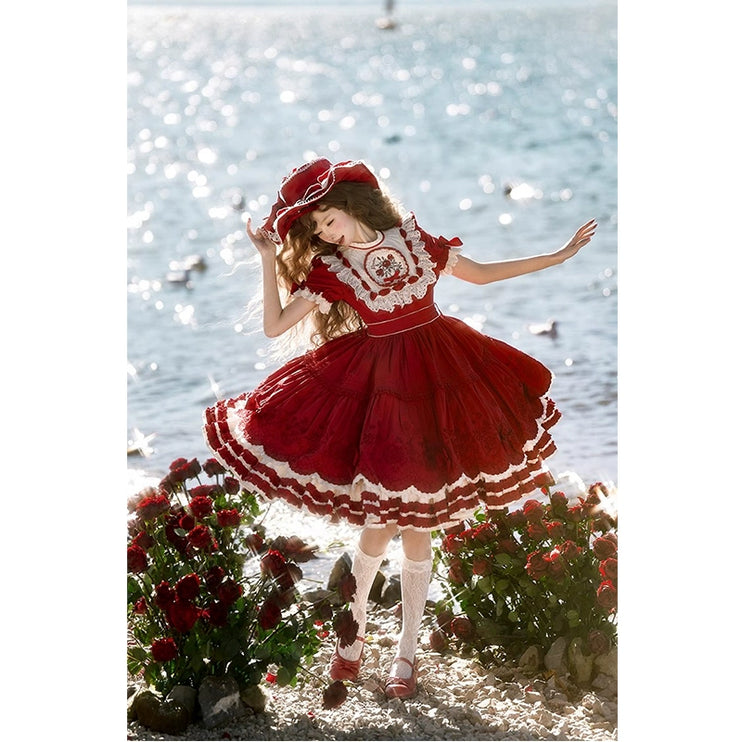 Elegant Country Style Red Lolita OP with Whimsical Embroidery and Ruffled Trims