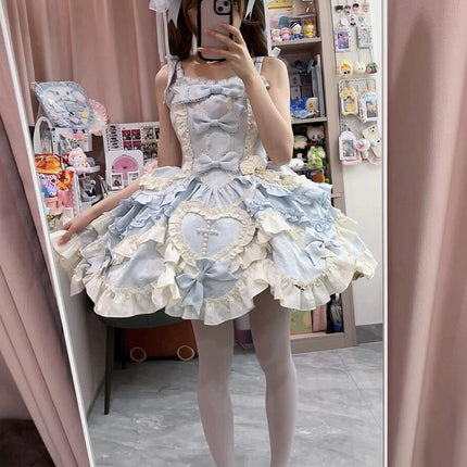 Gothic Heart of Pearls Lolita Dress - Pastel Princess JSK with Layered Ruffles and Cross Embellishments